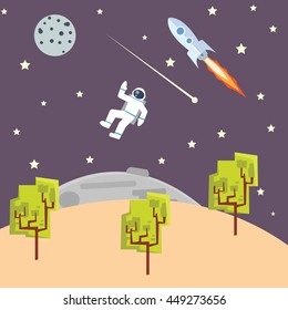 outer space illustration kids style with spaceman rocket space-ship