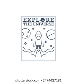 Outer Space Illustration Linie Art Label oder Abzeichen, Design ist für T-Shirt, Aufkleber oder andere Druckbedürfnisse geeignet
