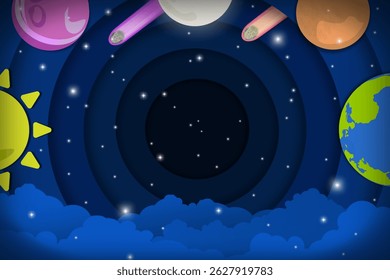 Outer Space Illustration in paper cut out  origami design with copy space in center. Cartoon sun, Earth, and planets, with blue night atmosphere clouds on bottom, glowing stars, comets, meteor. Galaxy