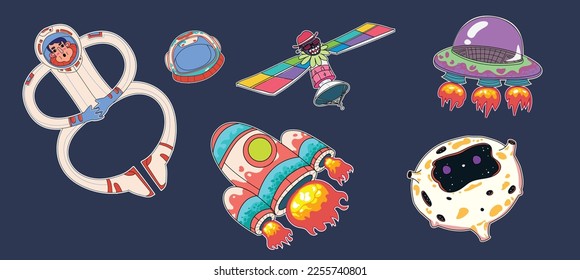 Weltraumgrafik-Set mit Astronaut, Mond, Fo und Raumschiff. für Aufkleber oder stationär