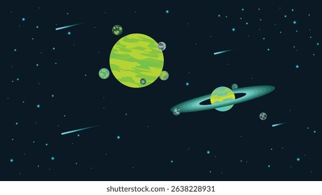outer space illustration with two green dominant planets among comets