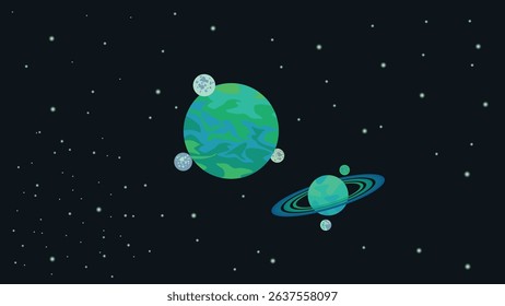 outer space illustration with two types of planets in green color