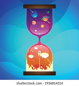 Outer space inside of hourglass on the blue background