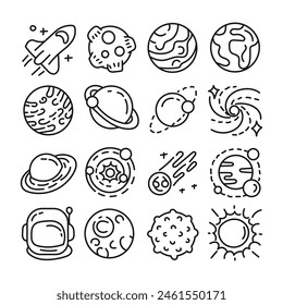 instrumento del espacio exterior planeta sol luna cohete astronauta contorno diseño