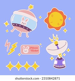 Outer space kawaii sticker set. Hand drawn cosmic cartoon collection of sun ufo alien transmitter, star. Bundle of cute kid graphic for nursery print in galaxy exploration universe vector