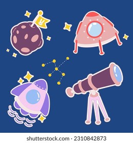 Outer space kawaii sticker set. Hand drawn cosmic cartoon collection of moon, star, rocket, telescope, spaceship. Bundle of cute kid graphic for nursery print in galaxy exploration universe vector