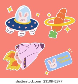 Outer space kawaii sticker set. Hand drawn cosmic cartoon collection of ship, ufo alien, planet, moon, rocket. Bundle of cute kid graphic for nursery print in galaxy exploration universe vector