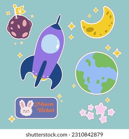Outer space kawaii sticker set. Hand drawn cosmic cartoon collection of moon, rocket, planet, earth, star. Bundle of cute kid graphic for nursery print in galaxy exploration universe vector