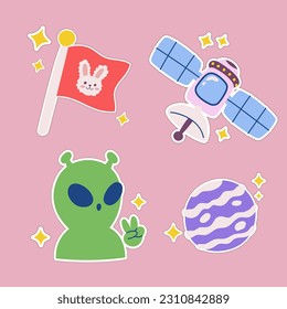 Outer space kawaii sticker set. Hand drawn cosmic cartoon collection of satellite alien ufo, planet transmitter star. Bundle of cute kid graphic for nursery print in galaxy exploration universe vector