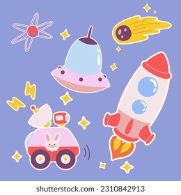 Outer space kawaii sticker set. Hand drawn cosmic cartoon collection of rocket, comet, meteor, orbit, ufo alien. Bundle of cute kid graphic for nursery print in galaxy exploration universe vector