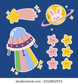 Outer space kawaii sticker set. Hand drawn cosmic cartoon collection of ufo alien, planet, star, flying saucer. Bundle of cute kid graphic for nursery print in galaxy exploration universe vector