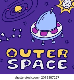 Outer space kid's doodle. UFO alien round spaceship cartoon vector illustration. Planet Saturn, Constellation of stars and bright sun in the purple space, children print.