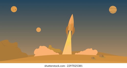 Outer space launch system takes off. Vector illustration , Mission Mars mission retro vintage style with rocket. Space exploration, colonization Mars. 