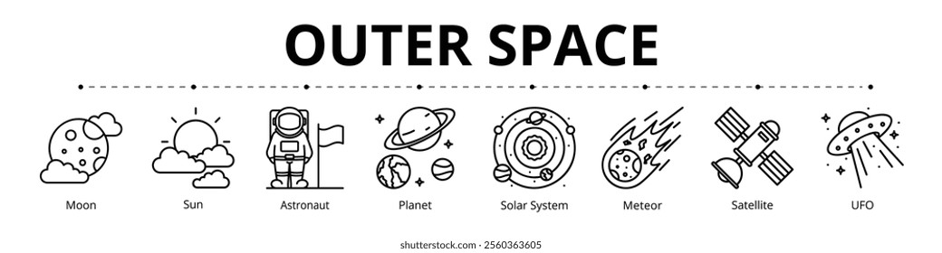 Outer Space Line Banner Web Icon Set Vector Illustration