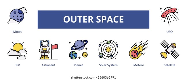 Outer Space Lineal Color Banner Web Icon Set Vector Illustration