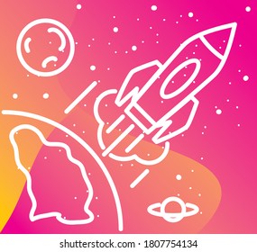 Outer space linear art illustration over shiny gradient background