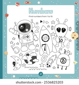 Outer Space math activities for kids. Find numbers from 1 to 10. Vector illustration. Square page for universe Activity Book.