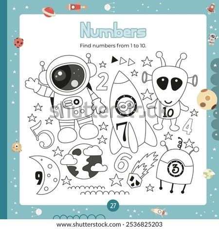 Outer Space math activities for kids. Find numbers from 1 to 10. Vector illustration. Square page for universe Activity Book.