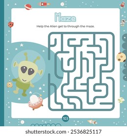 Outer Space Maze game for children. Help Alien find correct path in maze. Vector illustration. Labyrinth quest for kids. Book square format. Page for activity book.