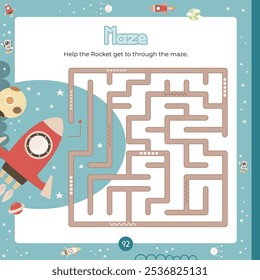 Outer Space Maze game for children. Help Rocket ship find correct path in maze. Vector illustration. Labyrinth quest for kids. Book square format. Page for activity book.