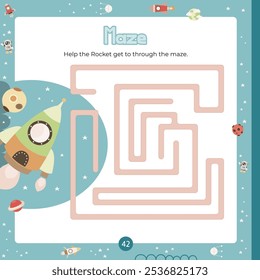 Outer Space Maze game for children. Help rocket find correct path in maze. Vector illustration. Labyrinth quest for kids. Book square format. Page for activity book.