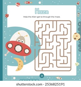 Outer Space Maze game for children. Help space alien find correct path in maze. Vector illustration. Labyrinth quest for kids. Book square format. Page for activity book.