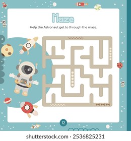 Outer Space Maze game for children. Help spaceman find correct path in maze. Vector illustration. Labyrinth quest for kids. Book square format. Page for activity book.