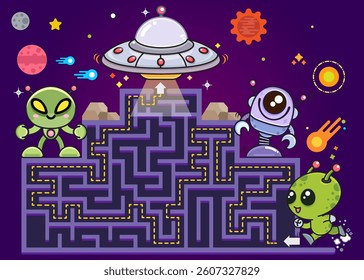 Outer Space Maze game for children. Help cute alien find correct path in maze, Maze games space scenes, fun educational, Vector illustrator
 