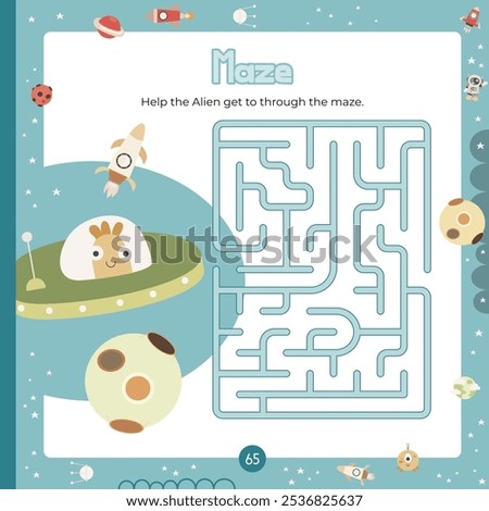 Outer Space Maze game for children. Help alien in  flying saucer find correct path in maze. Vector illustration. Labyrinth quest for kids. Book square format. Page for activity book.