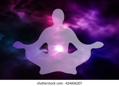 Outer space. Meditation. Man silhouette. Vector illustration