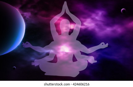 Outer space Meditation. Man silhouette. Vector illustration