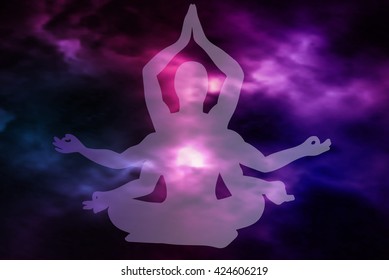 Outer space Meditation. Man silhouette. Vector illustration