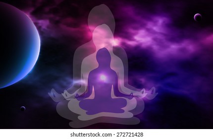 Outer space. Meditation. Woman silhouette. Vector illustration