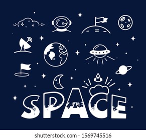 Outer space mission. Cosmos exploration hand drawn white icons isolated on dark blue background. Moon, Earth, planet doodles and space word lettering. Printable card, social media post