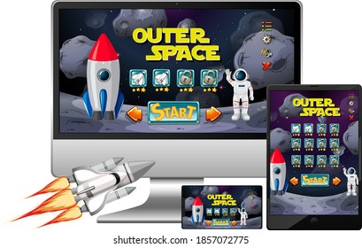 Outer space mission game on diffrent electronic screens illustration