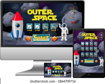Outer space mission game on diffrent electronic screens illustration