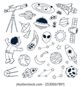 Outer space monochrome doodles collection for coloring pages, stationery, stickers, prints, cards, wallpaper, apparel decor, sublimation, etc. EPS 10