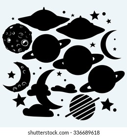 Outer space: the moon with craters, the star, the planet Saturn and UFOs. Isolated on blue background. Vector silhouettes