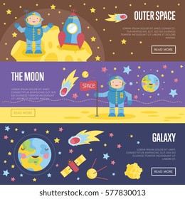 Outer space, the moon, galaxy cartoon banners. Spaceship and astronaut in spacesuit on moon surface, Earth view from the moon, satellites, stars, fiery comet in outer space vector illustrations set