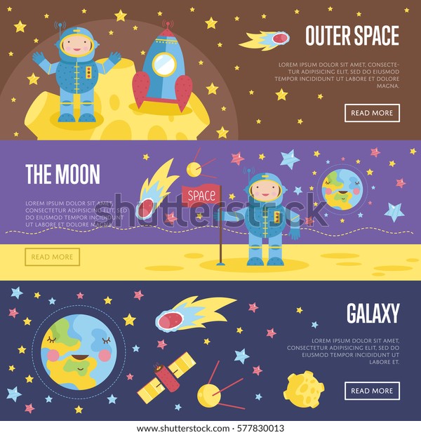 Outer space, the moon, galaxy cartoon banners.
Spaceship and astronaut in spacesuit on moon surface, Earth view
from the moon, satellites, stars, fiery comet in outer space vector
illustrations set