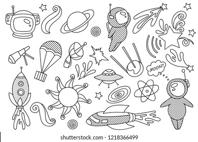 Outer space objects in doodle style. Cute astronaut in space. Spacecraft with doodle waves. Easy to change colors.