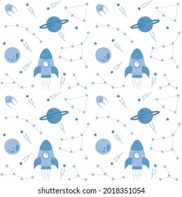 Outer space pattern with stars, rocket, planets and constellations