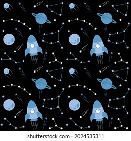 Outer space pattern with stars, rocket, planets and constellations