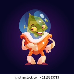 Outer space personage, friendly alien wearing suit with glass helmet. Vector protective costume for extraterrestrial traveling and galaxies exploration. Cosmic male character with smile on face