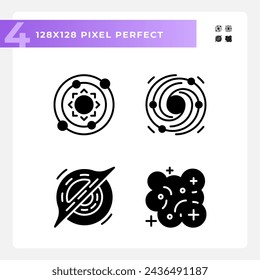 Outer space pixel perfect black glyph icons set on white space. Cosmic phenomena. Celestial bodies. Astronomical discoveries. Silhouette symbols. Solid pictogram pack. Vector isolated illustration