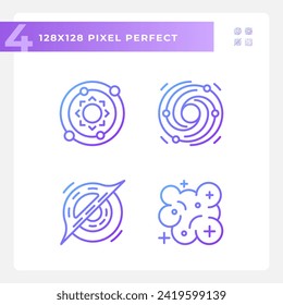 Outer space pixel perfect gradient linear vector icons set. Cosmic phenomena. Astronomical discoveries. Thin line contour symbol designs bundle. Isolated outline illustrations collection