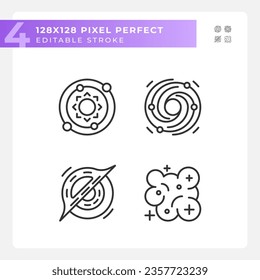 Outer space pixel perfect linear icons set. Cosmic phenomena. Celestial bodies. Astronomical discoveries. Customizable thin line symbols. Isolated vector outline illustrations. Editable stroke