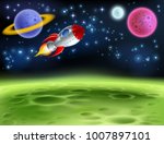 An outer space planet or alien moon cartoon background with a rocket ship 