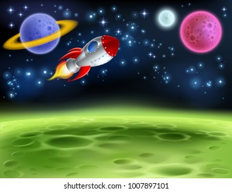 An Outer Space Planet Or Alien Moon Cartoon Background With A Rocket Ship 