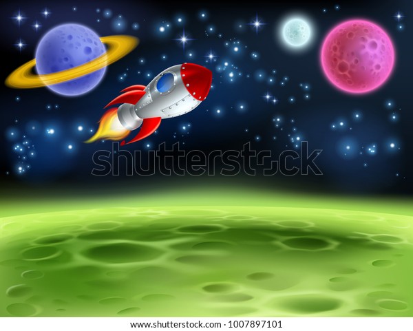 ロケット船を持つ宇宙の惑星または宇宙人の月の漫画の背景 のベクター画像素材 ロイヤリティフリー